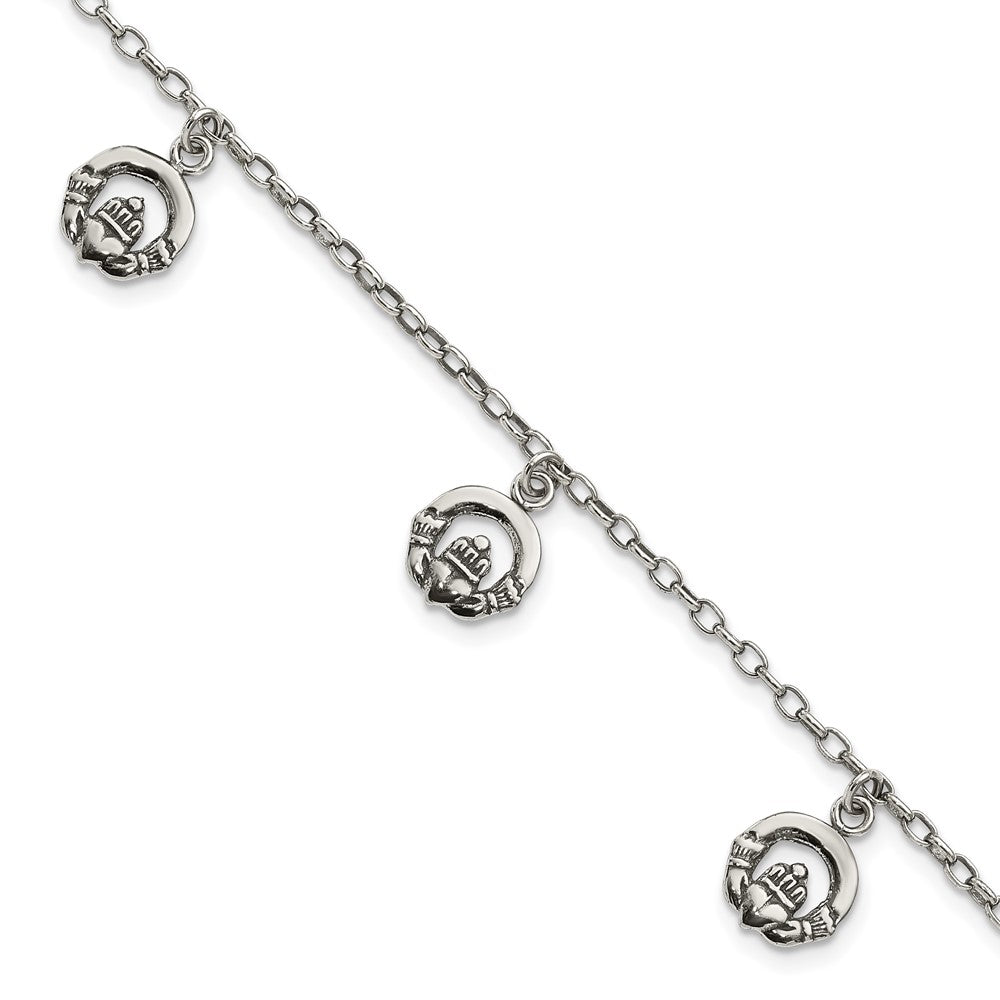 Sterling Silver Antiqued Claddagh Bracelet, 7 x 9 mm