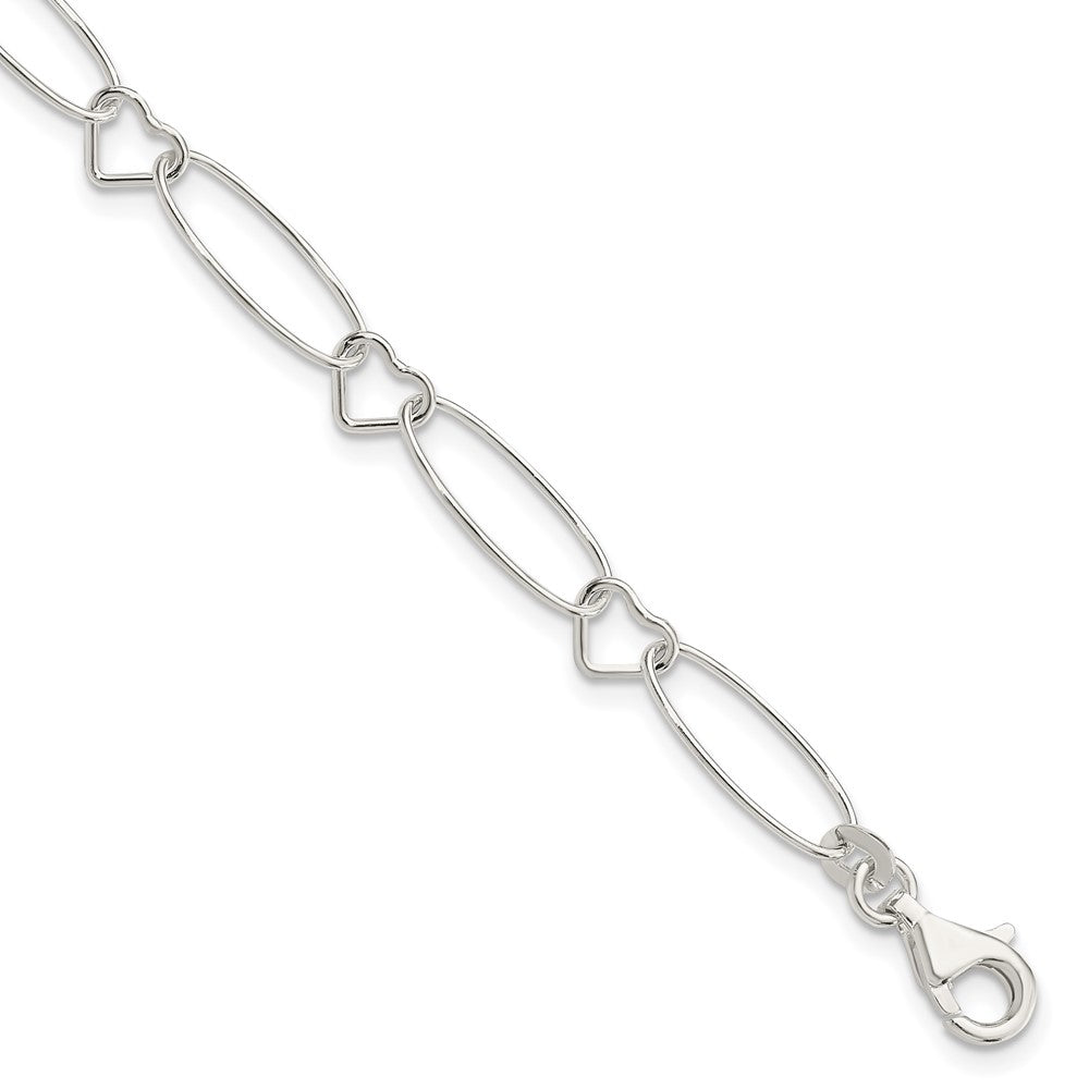 Sterling Silver Oval Link w/Hearts Bracelet, 7.5 x 7 mm