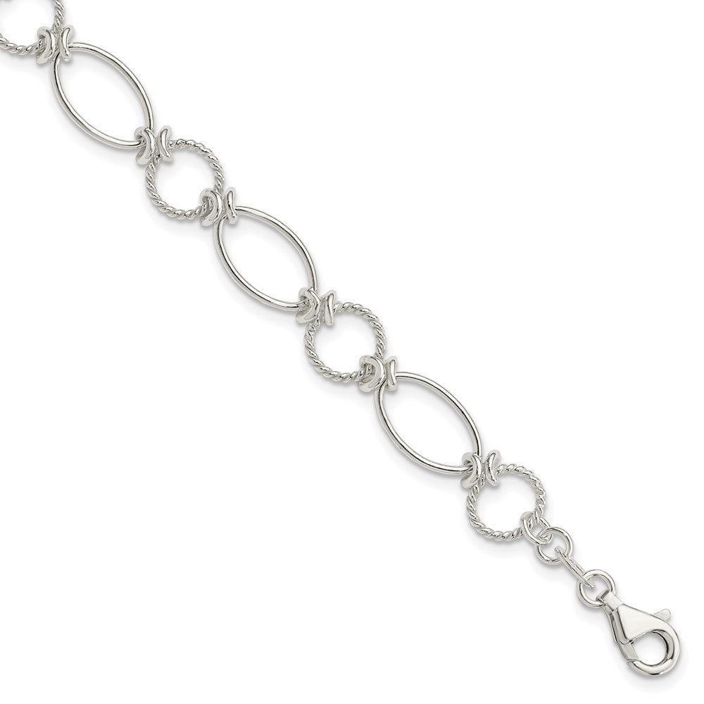 Sterling Silver Polished Textured Fancy Circle and Oval Link Bracelet, 7.5 x 9 mm