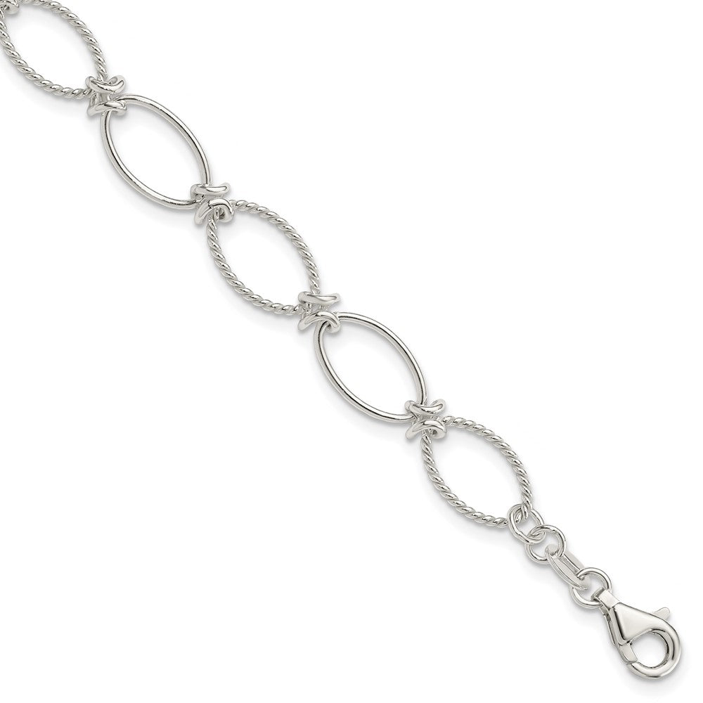 Sterling Silver Polished Textured Fancy Oval Link Bracelet, 7.5 x 8 mm