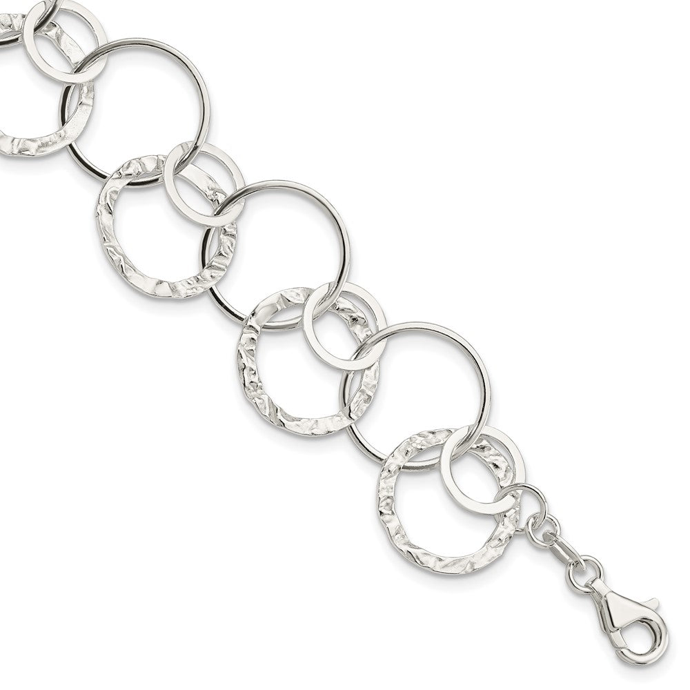 Sterling Silver Polished Textured Fancy Circle Link Bracelet, 7.5 x 17 mm