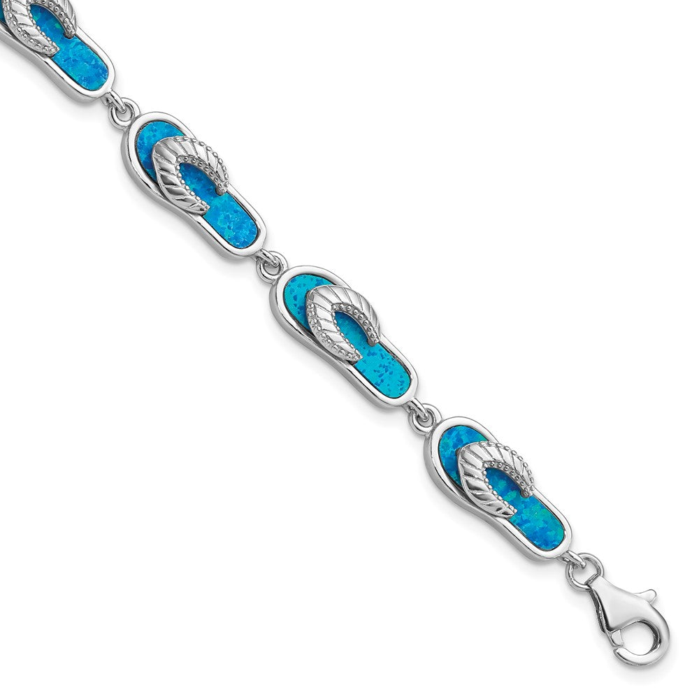Sterling Silver Rhodium-plated 7in Created Blue Opal Inlay Sandal Bracelet, 7 x 7 mm