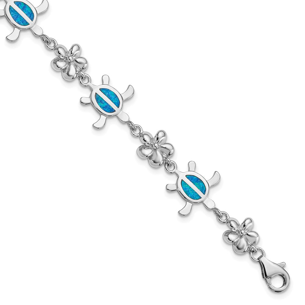 Sterling Silver Rhodium-plated Polished 7 inch Created Blue Opal Tortoise with Flower Bracelet, 7 x 14 mm