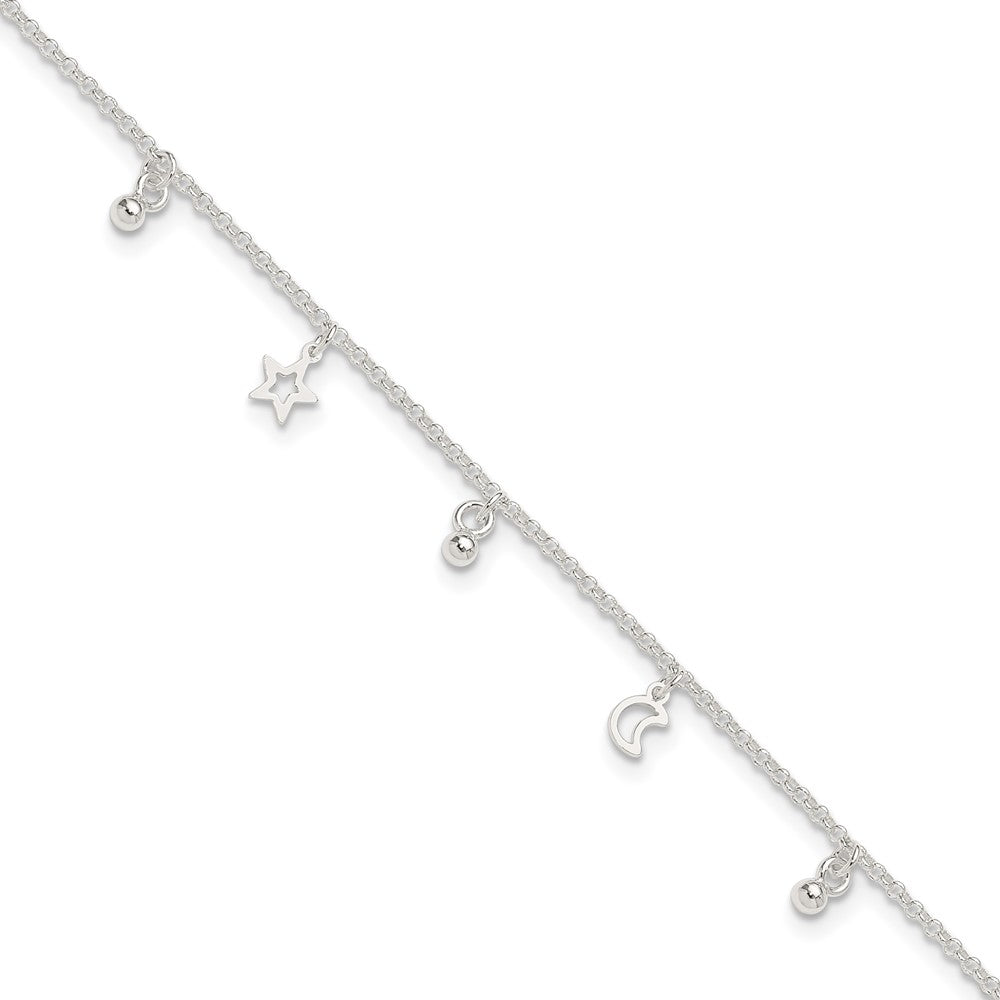 Sterling Silver Star and Moon 9 inch Plus 1 inch Extender - Total 10 inch Anklet, 10 x 6 mm