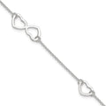 Sterling Silver Hearts 9 inch Plus 1 inch Extender - Total 10 inch Anklet, 10 x 12 mm