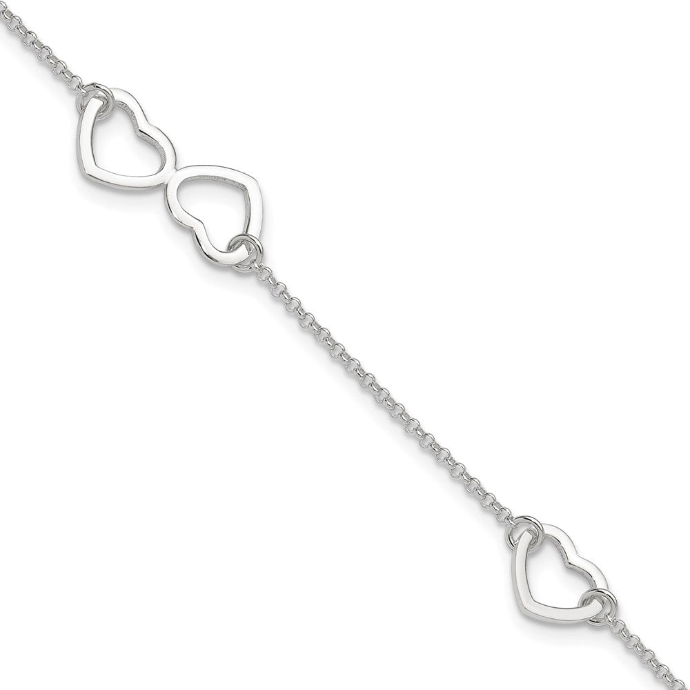 Sterling Silver Hearts 9 inch Plus 1 inch Extender - Total 10 inch Anklet, 10 x 12 mm