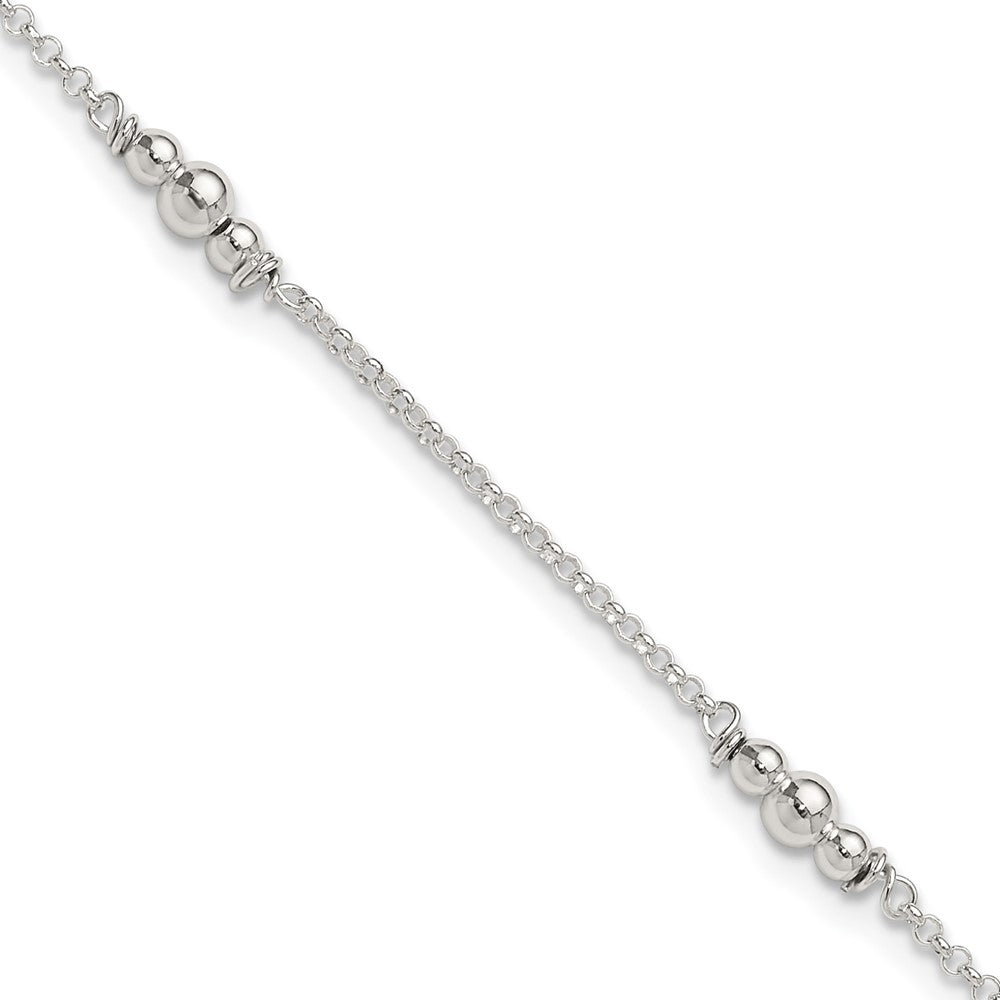 Sterling Silver Beaded 5-Station 9 inch Plus 1 inch Extender - Total 10 inch Anklet, 10 x 9 mm