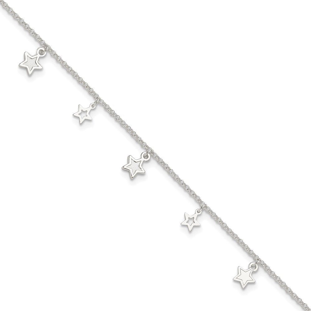 Sterling Silver Stars 9 inch Plus 1 inch Extender - Total 10 inch Anklet, 10 x 7 mm