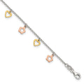 Sterling Silver Gold-tone Hearts and Rose-tone Flowers 9 inch Plus 1 inch Extender - Total 10 inch Anklet, 10 x 7 mm