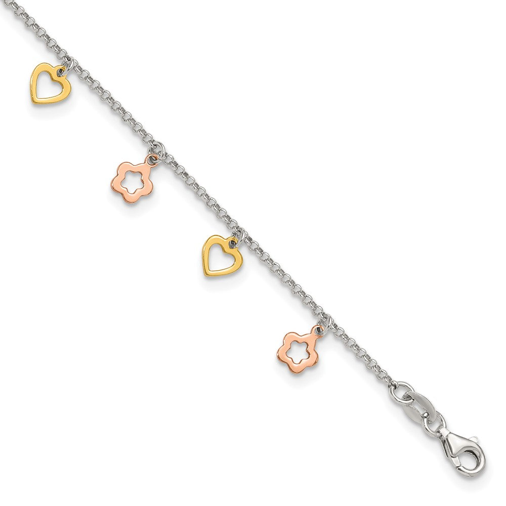 Sterling Silver Gold-tone Hearts and Rose-tone Flowers 9 inch Plus 1 inch Extender - Total 10 inch Anklet, 10 x 7 mm