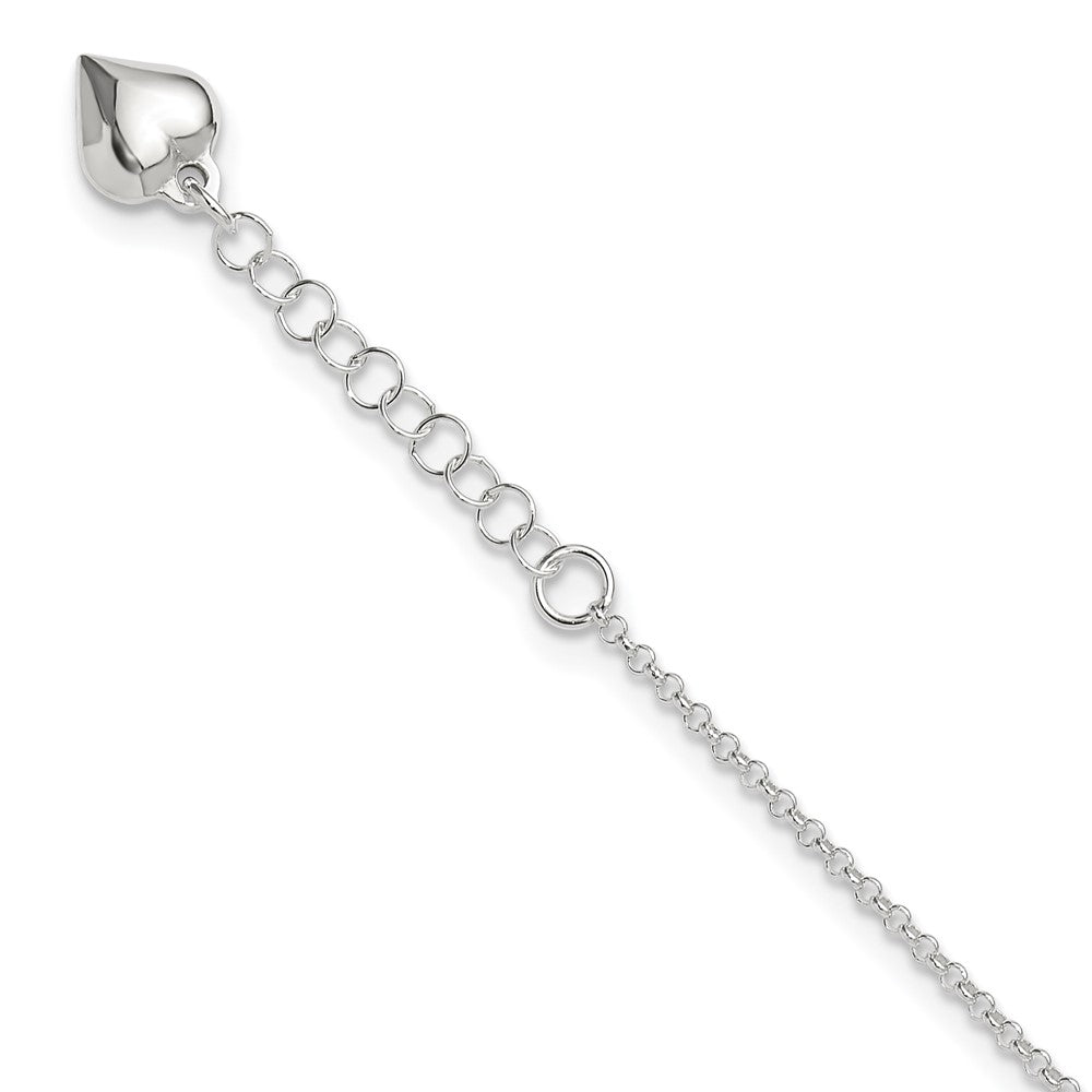 Sterling Silver Puffed Heart Dangle 9 inch Plus 1 inch Extender - Total 10 inch Anklet, 10 x 8 mm