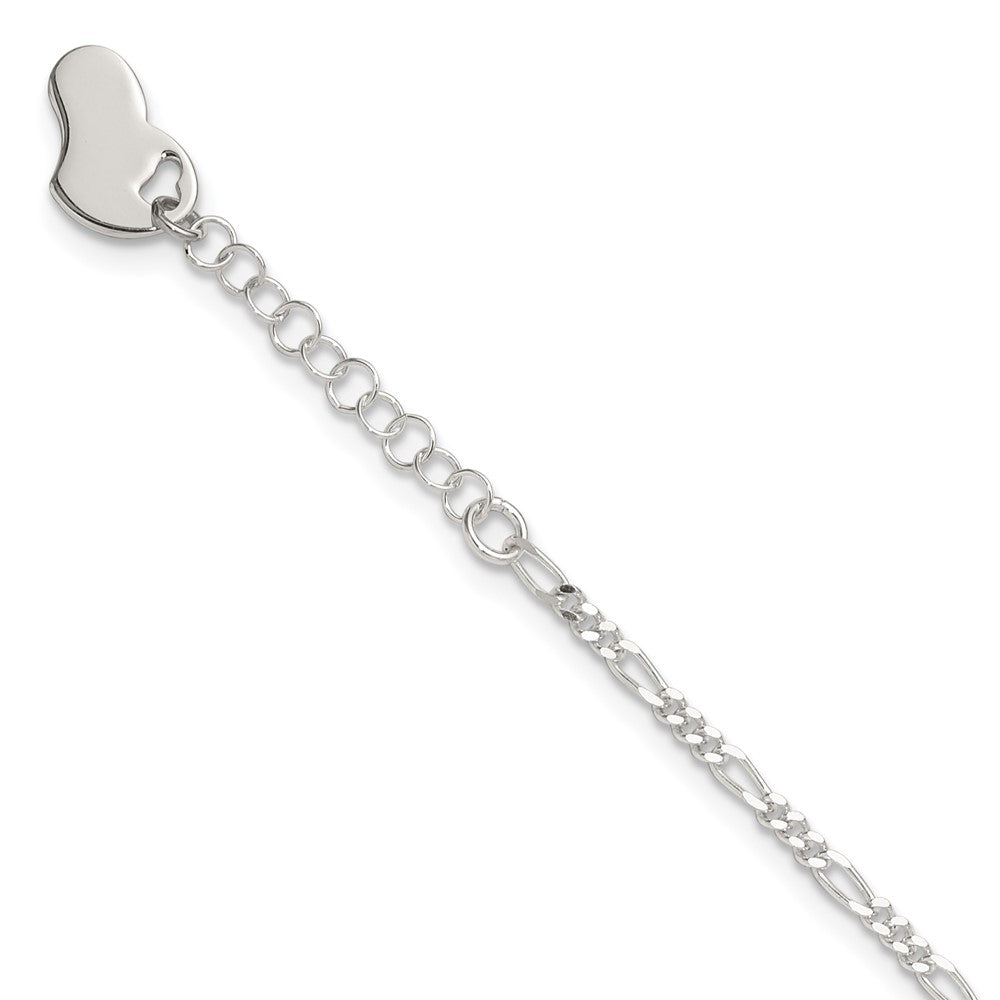 Sterling Silver Figaro with Heart Dangle 9 inch Plus 1 inch Extender - Total 10 inch Anklet, 10 x 11 mm