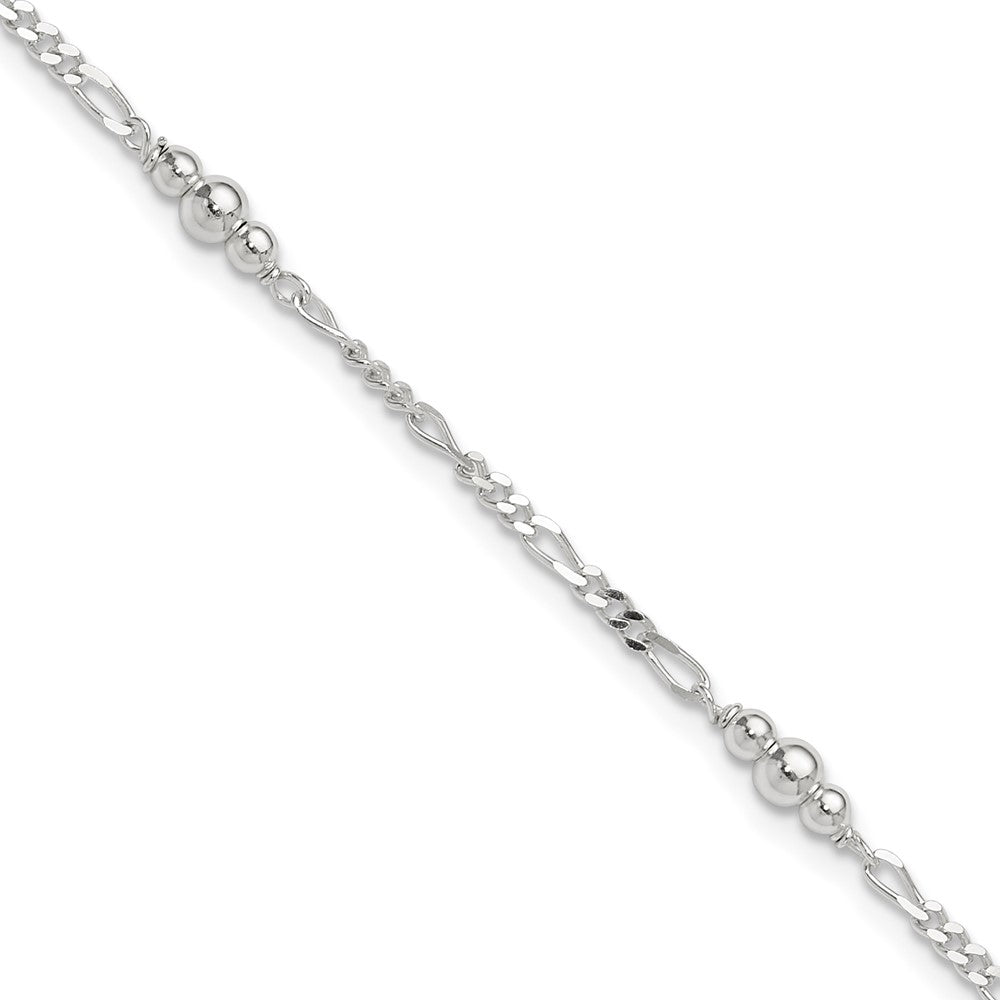 Sterling Silver Beaded Figaro 5-Station 9 inch Plus 1 inch Extender - Total 10 inch Anklet, 10 x 9 mm