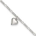Sterling Silver Figaro Chain with Heart Charm 9 inch Plus 1 inch Extender - Total 10 inch Anklet, 10 x 8 mm