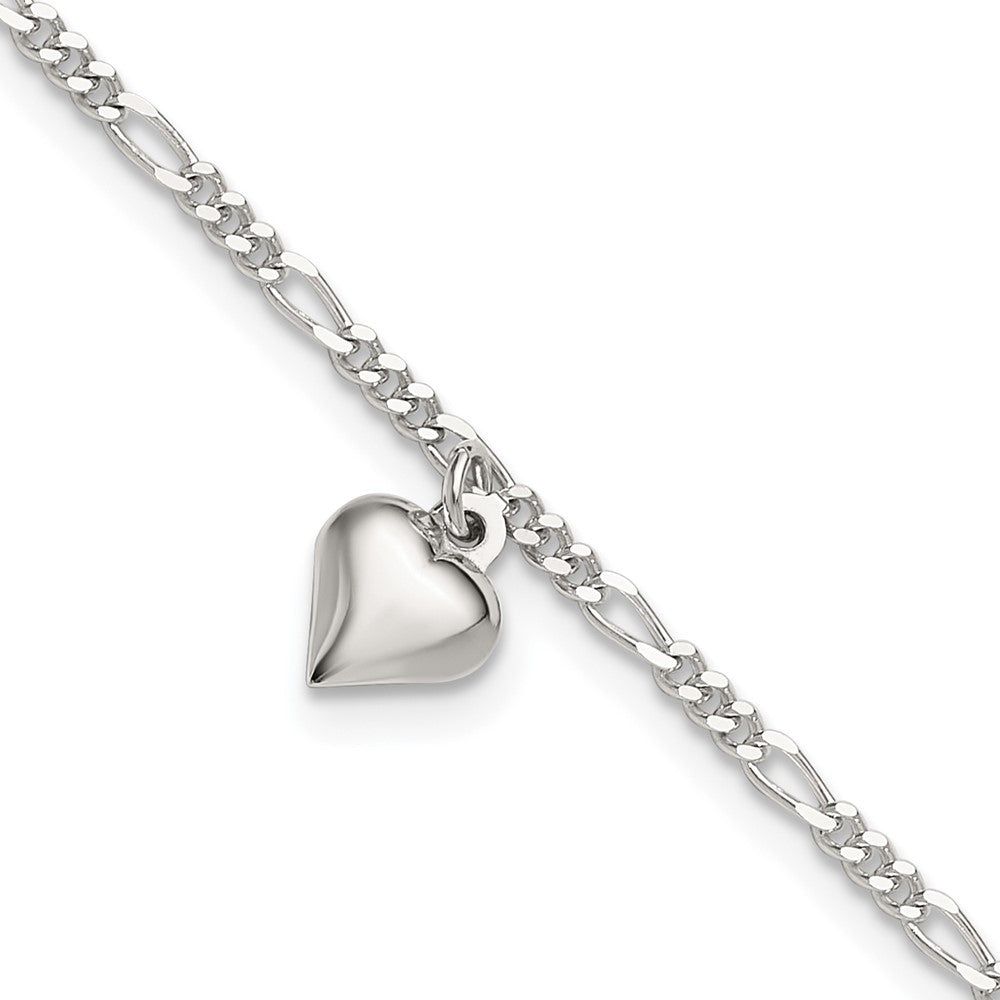 Sterling Silver Figaro Chain with Heart Charm 9 inch Plus 1 inch Extender - Total 10 inch Anklet, 10 x 8 mm