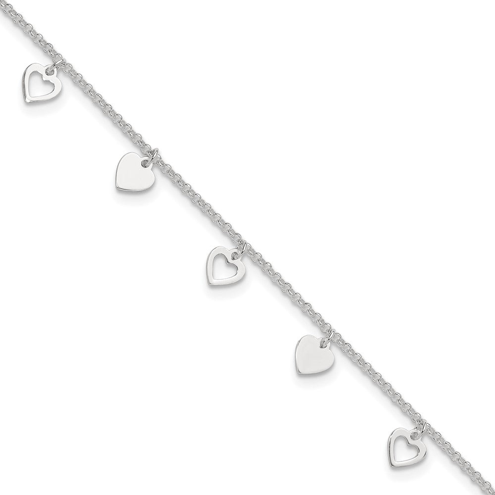 Sterling Silver Heart Charms 9 inch Plus 1 inch Extender - Total 10 inch Anklet, 10 x 8 mm