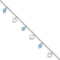Sterling Silver Blue Glass Beads and Hearts 9 inch Plus 1 inch Extender - Total 10 inch Anklet, 10 x 8 mm