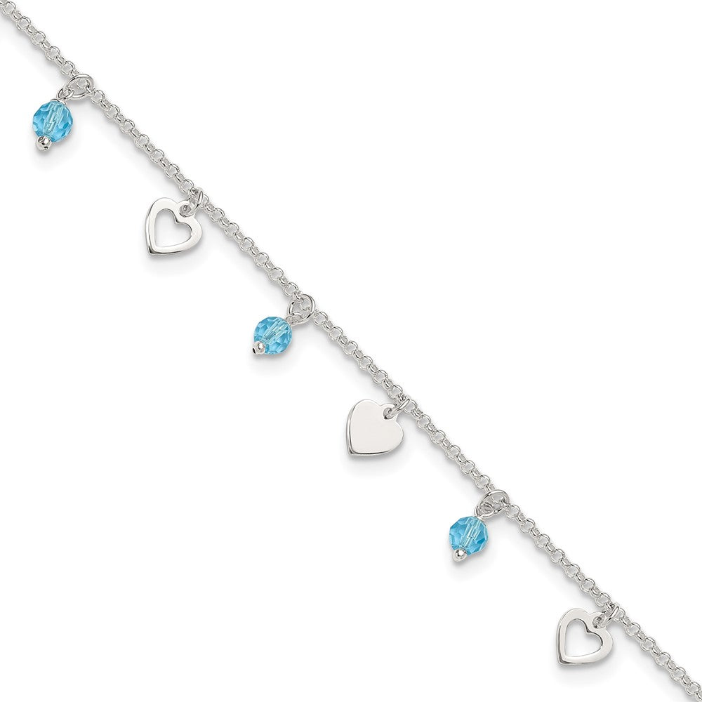 Sterling Silver Blue Glass Beads and Hearts 9 inch Plus 1 inch Extender - Total 10 inch Anklet, 10 x 8 mm