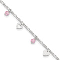 Sterling Silver Pink Glass Beads and Hearts 9 inch Plus 1 inch Extender - Total 10 inch Anklet, 10 x 8 mm