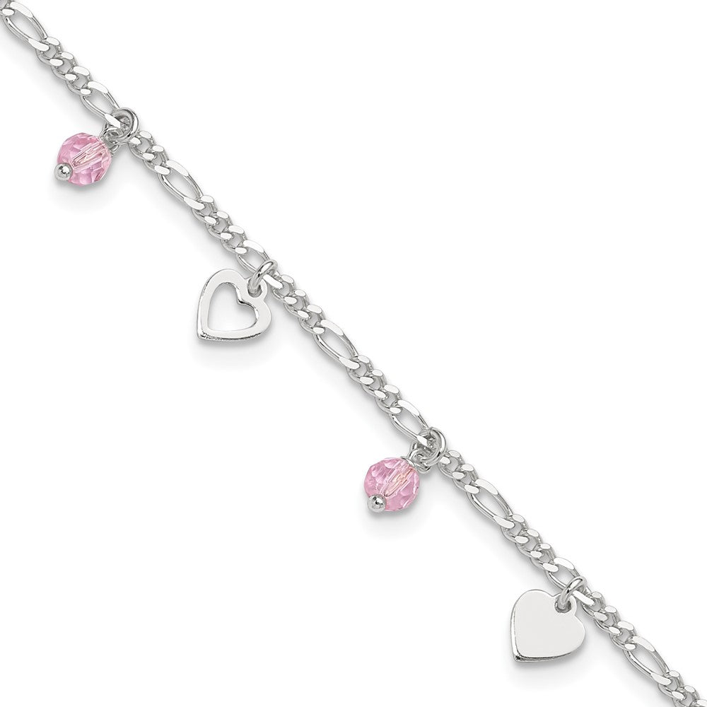 Sterling Silver Pink Glass Beads and Hearts 9 inch Plus 1 inch Extender - Total 10 inch Anklet, 10 x 8 mm