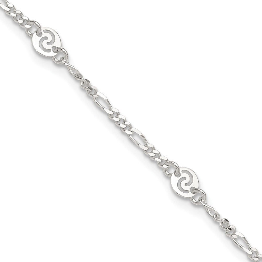 Sterling Silver Swirl Disc 9 inch Plus 1 inch Extender - Total 10 inch Anklet, 10 x 6 mm