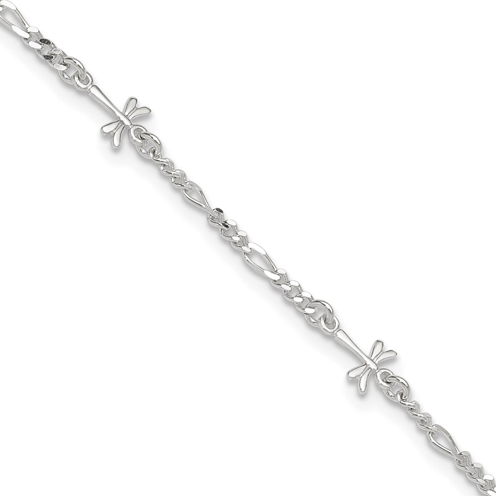 Sterling Silver Dragonflies 8 inch Plus 1 inch Extender - Total 9 inch Anklet, 9 x 7 mm