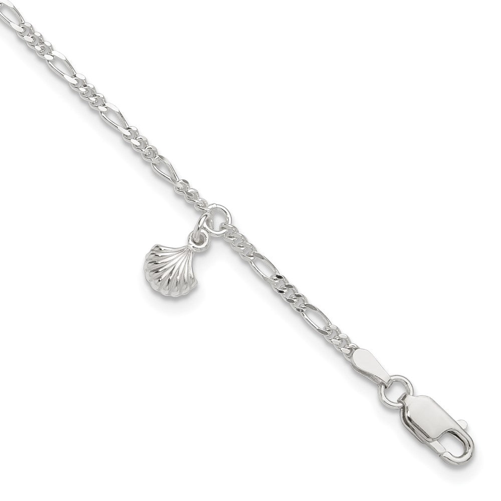Sterling Silver Shell Dangle 9 inch Plus 1 inch Extender - Total 10 inch Anklet, 10 x 7 mm