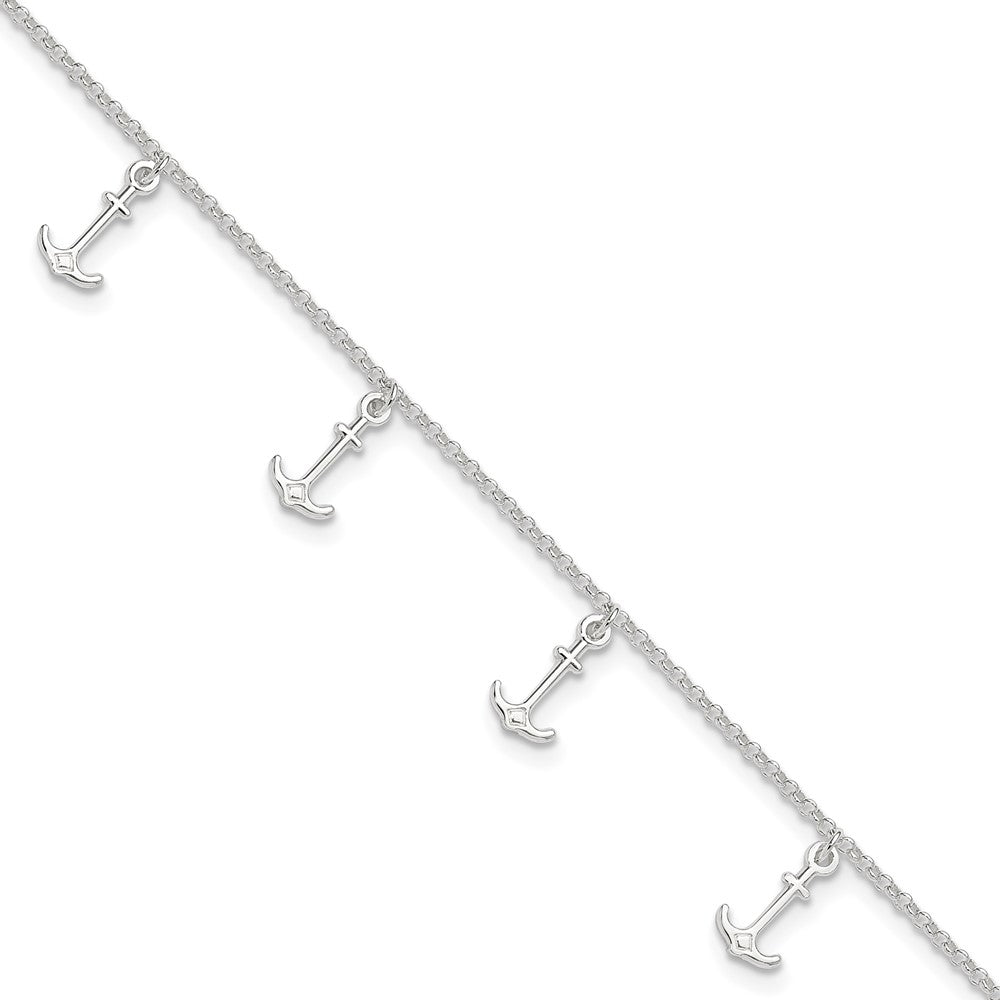 Sterling Silver Anchor Charms 9 inch Plus 1 inch Extender - Total 10 inch Anklet, 10 x 7 mm