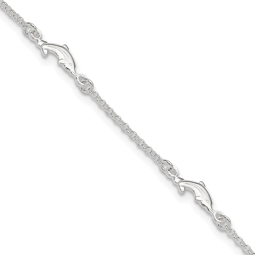 Sterling Silver Dolphin 5-Station 9 inch Plus 1 inch Extender - Total 10 inch Anklet, 10 x 11 mm