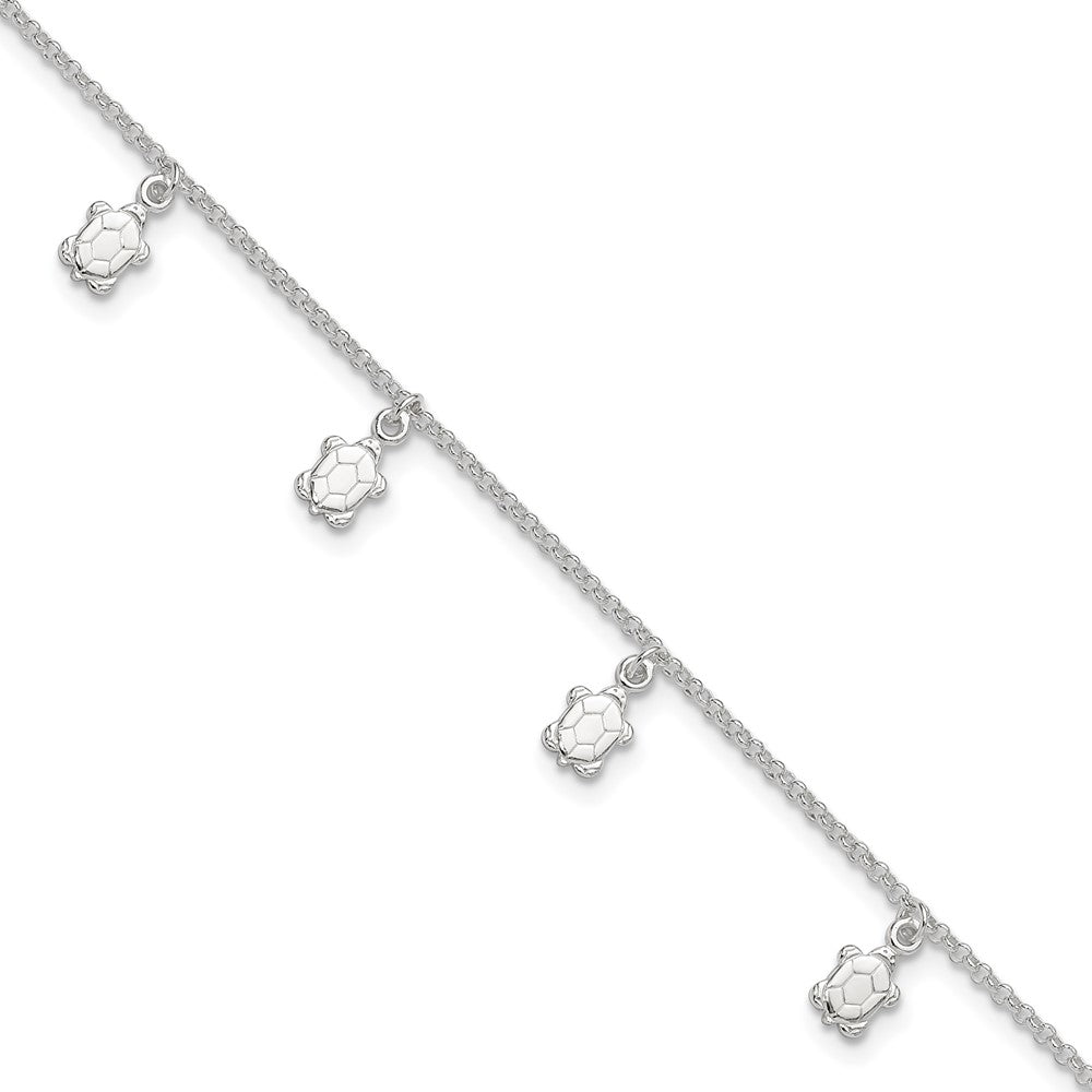 Sterling Silver Turtle Charms 9 inch Plus 1 inch Extender - Total 10 inch Anklet, 10 x 6 mm