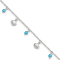 Sterling Silver Shells and Aqua Beads 9 inch Plus 1 inch Extender - Total 10 inch Anklet, 10 x 7 mm