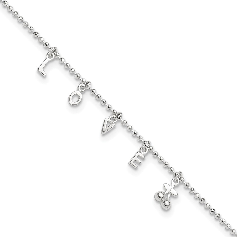 Sterling Silver LOVE Letters 10 inch Plus 1 inch Extender - Total 11 inch Anklet, 11 x 6 mm