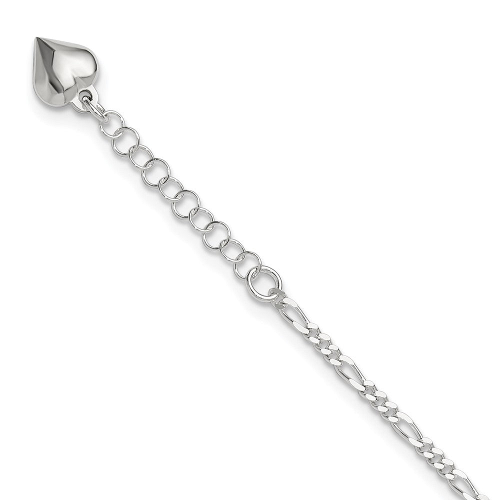 Sterling Silver Figaro with Puffed Heart Dangle 9 inch Plus 1 inch Extender - Total 10 inch Anklet, 10 x 8 mm