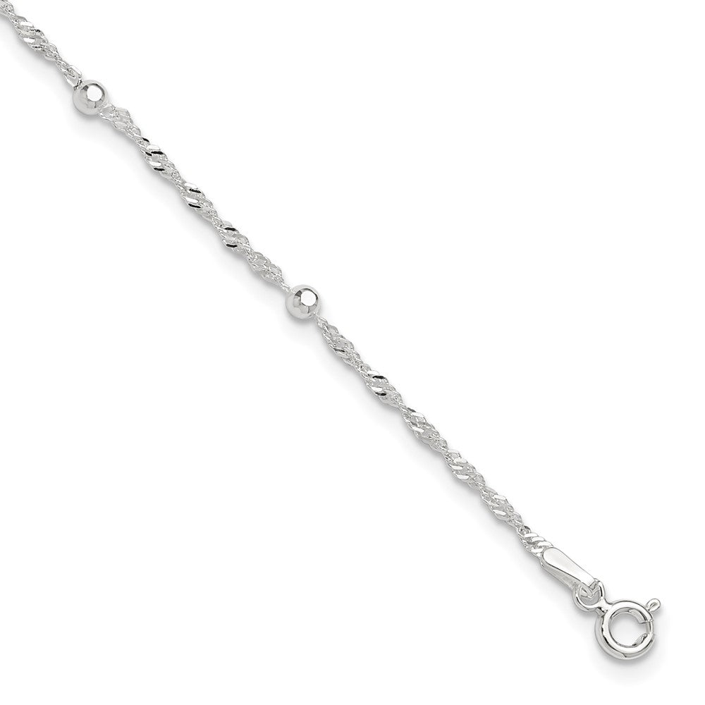 Sterling Silver Bead 7-Station 10 inch Plus 1 inch Extender - Total 11 inch Anklet, 11 x 3 mm