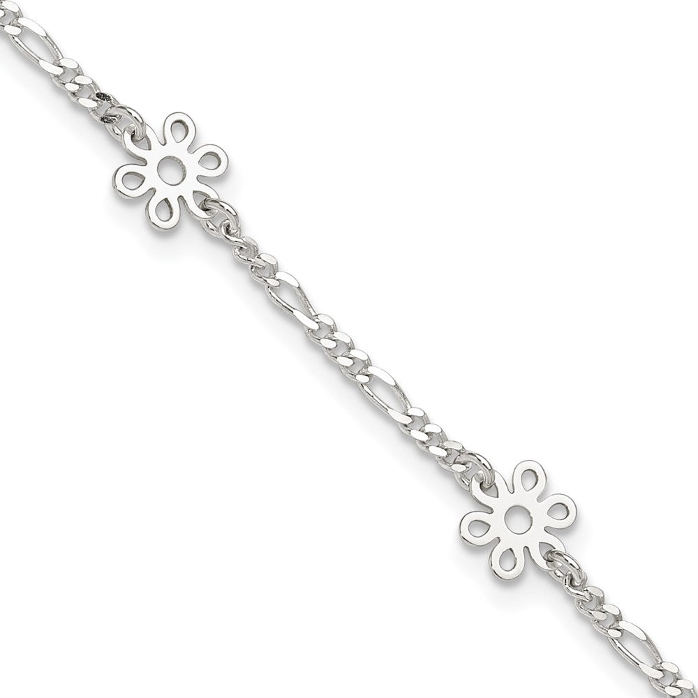Sterling Silver Figaro Chain/Flowers 5-Station 9 inch Plus 1 inch Extender - Total 10 inch Anklet, 10 x 8 mm
