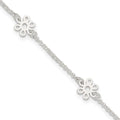 Sterling Silver Cable Chain/Flowers 5-Station 9 inch Plus 1 inch Extender - Total 10 inch Anklet, 10 x 8 mm