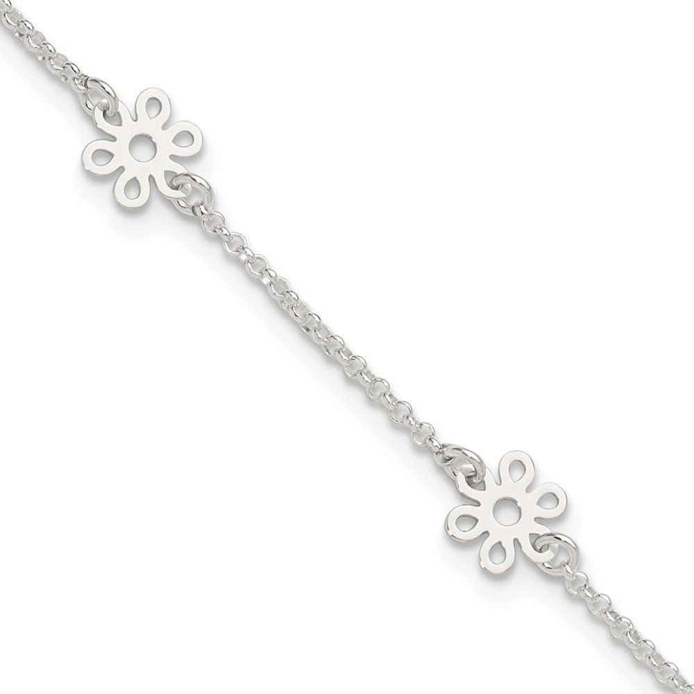 Sterling Silver Cable Chain/Flowers 5-Station 9 inch Plus 1 inch Extender - Total 10 inch Anklet, 10 x 8 mm