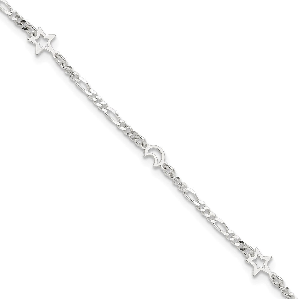 Sterling Silver Moon and Star 9 inch Plus 1 inch Extender - Total 10 inch Anklet, 10 x 6 mm
