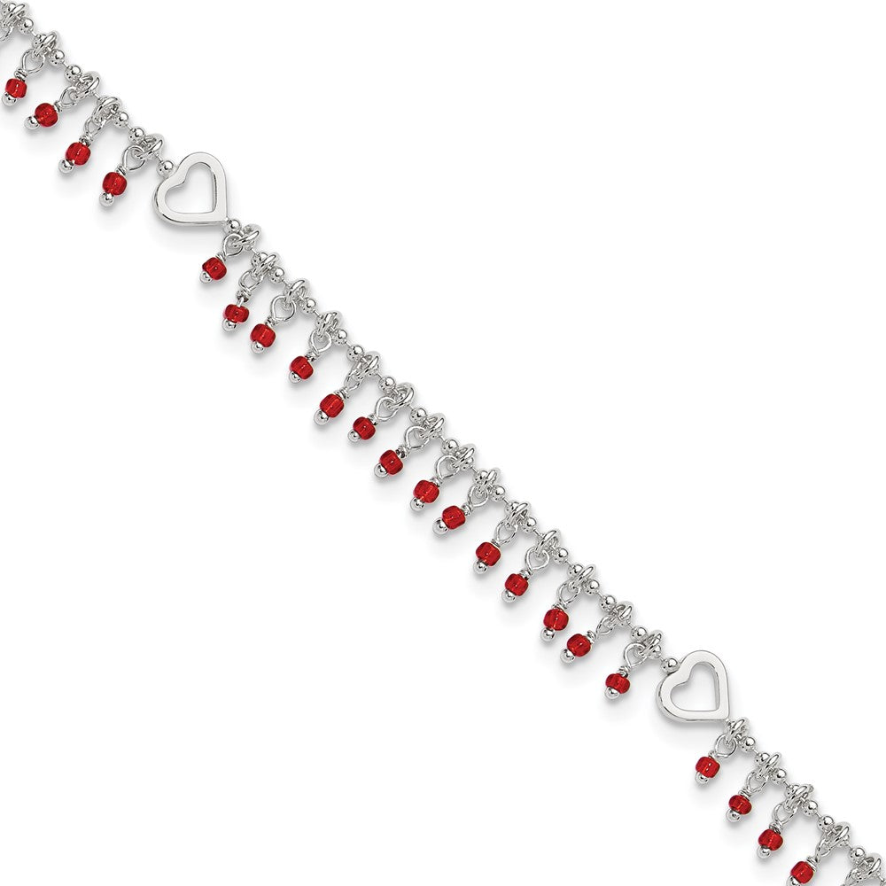 Sterling Silver Red Beads and Heart 10 inch Plus 1 inch Extender - Total 11 inch Anklet, 11 x 2 mm