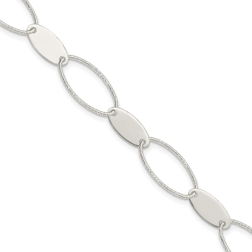 Sterling Silver Polished and Textured Oval Link Bracelet, 7.5 x 11 mm