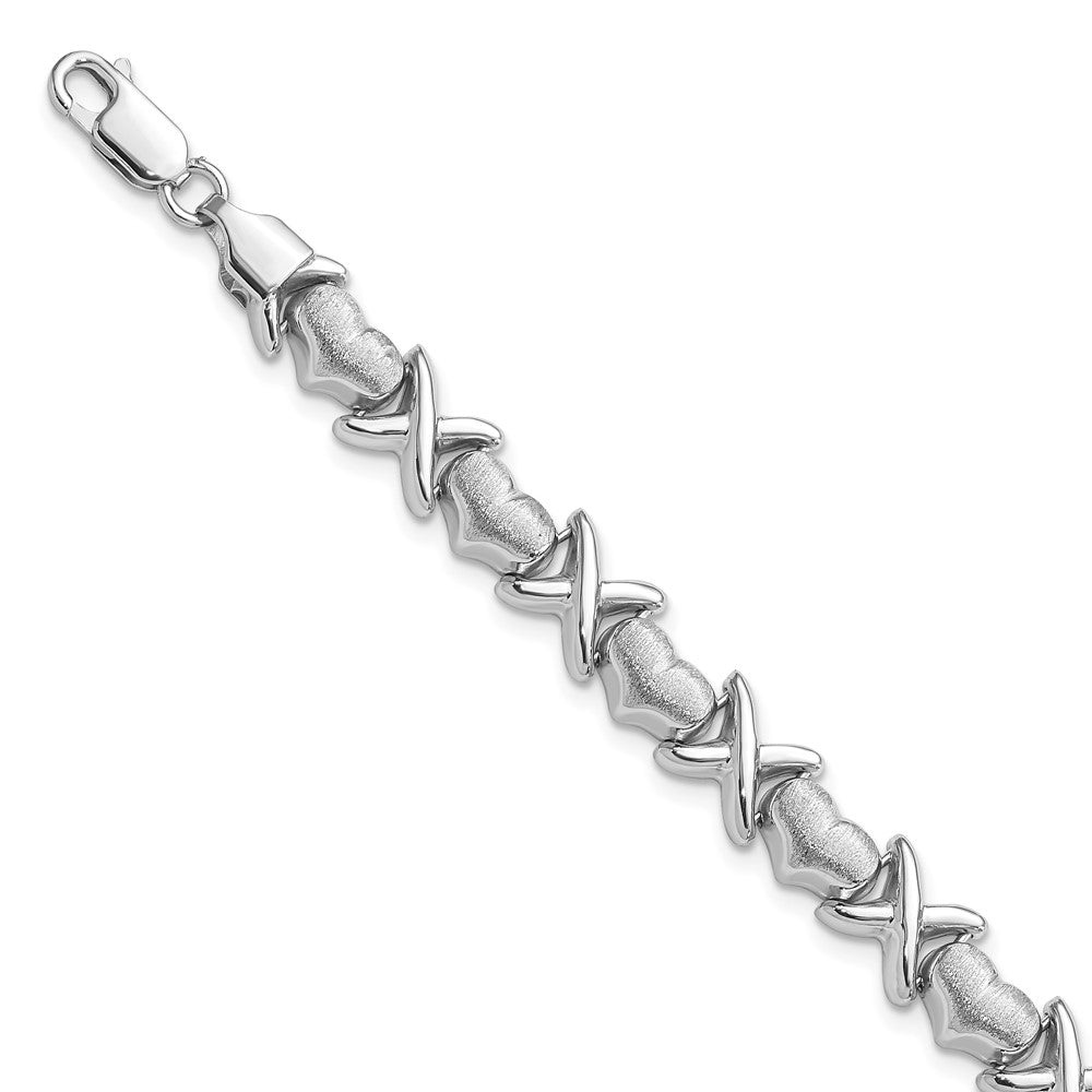 Sterling Silver Rhodium Polished and Brushed X's and Hearts Bracelet, 7.25 x 8 mm