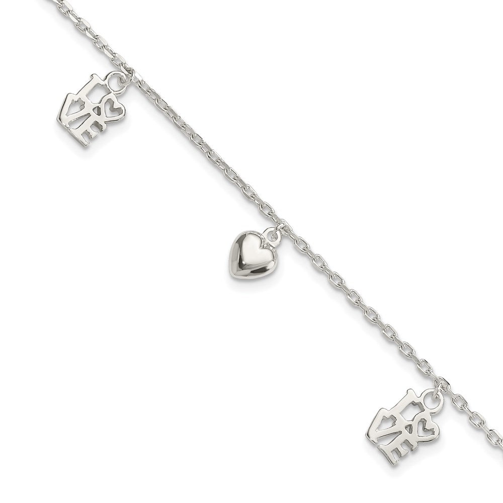 Sterling Silver Heart and LOVE Charm Bracelet, 7.5 x 7 mm