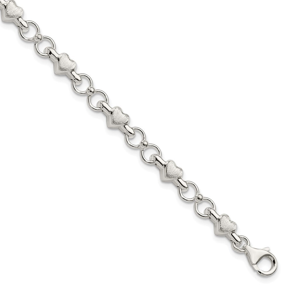 Sterling Silver Polished and Brushed Hearts and Circles Bracelet, 7.5 x 6 mm