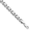 Sterling Silver Rhodium Polished and Brushed X and O Bracelet, 7.25 x 9 mm