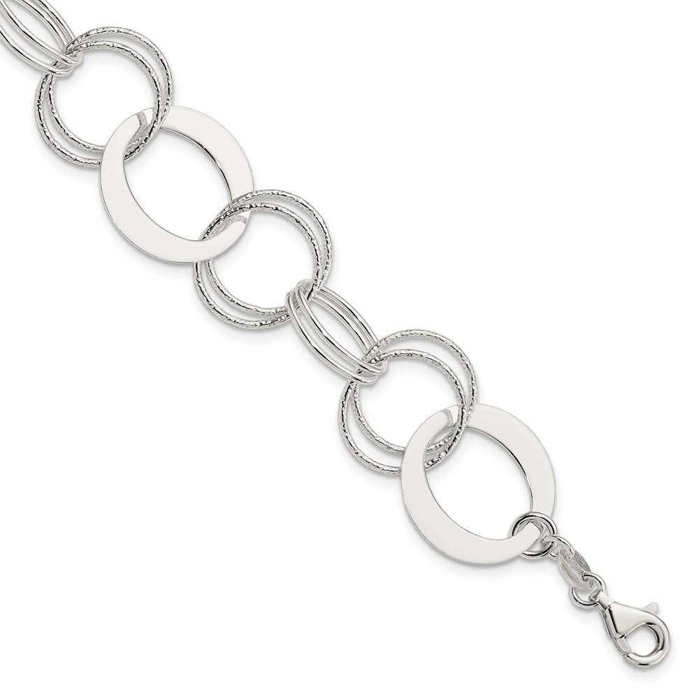 Sterling Silver Polished and Textured Circle Link Bracelet, 7.5 x 19 mm