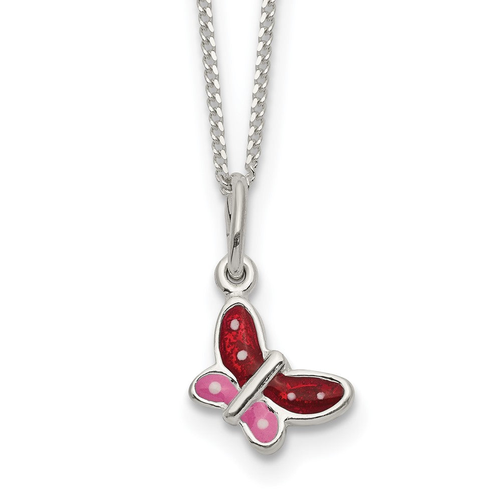 Sterling Silver Polished Pink, Red and White Enameled Butterfly Children's Necklace, 14 x 10 mm