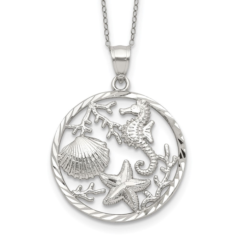 Sterling Silver Rhodium-plated Seahorse, Starfish and Shell Pendant, 18 x 25 mm