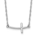 Sterling Silver Rhodium-plated Small Sideways Curved Cross Necklace, 18 x 10 mm