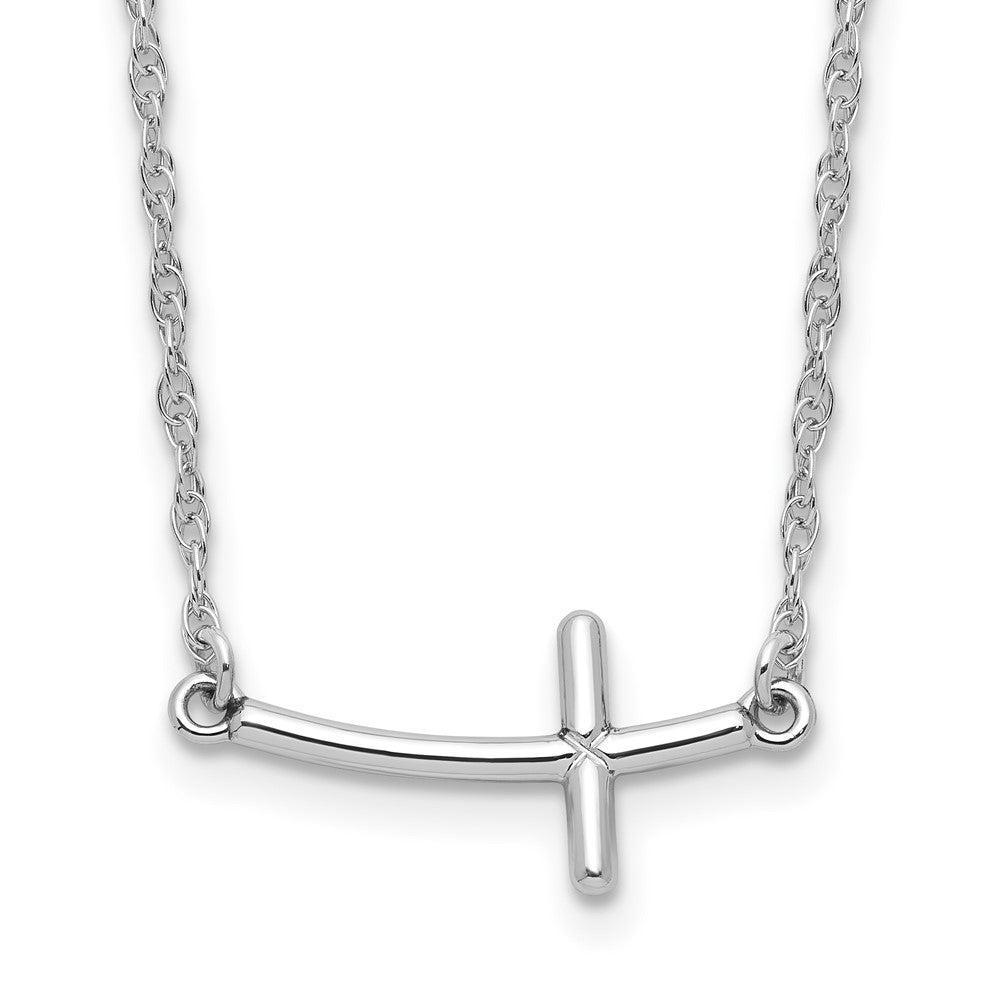 Sterling Silver Rhodium-plated Small Sideways Curved Cross Necklace, 18 x 10 mm