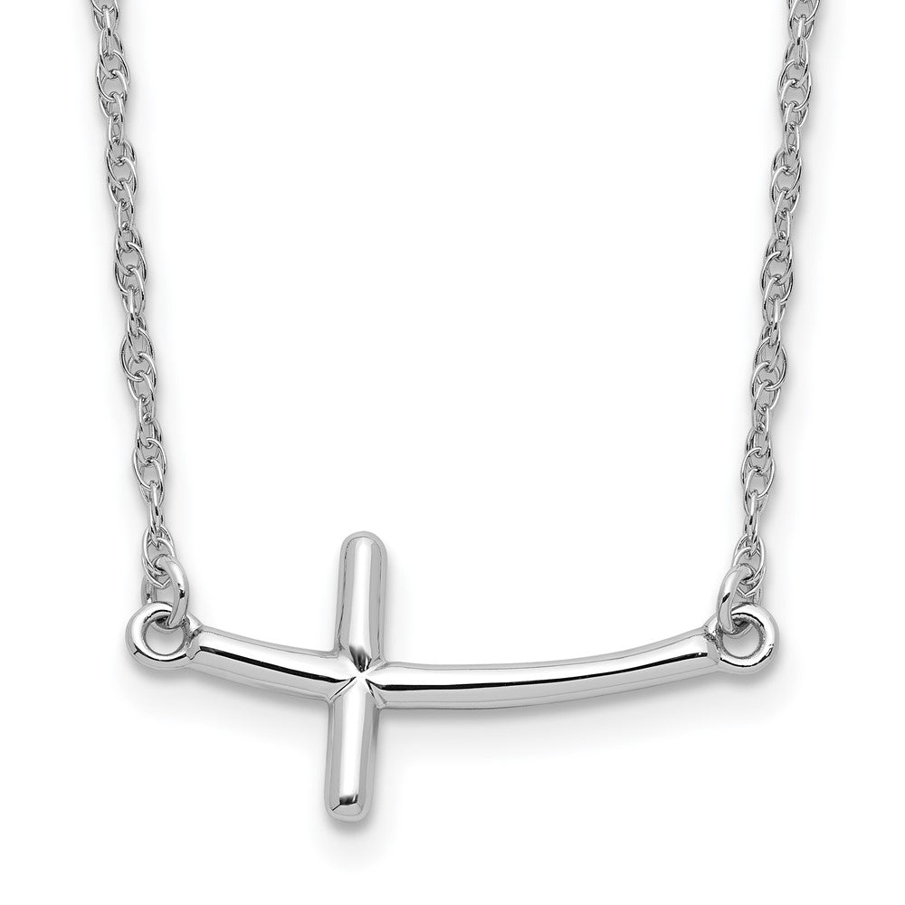 Sterling Silver Rhodium-plated Large Sideways Curved Cross Necklace, 18 x 11.9 mm